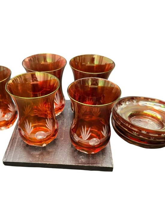 Vintage Amber Red Gold Etched Glass Turkish Tea Set With Saucers Set of 4+ HS248 - Picture 2 of 9